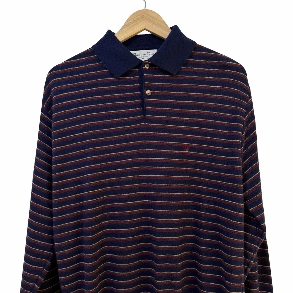 VTG Christian Dior Mens‎ Stripe Polo Sweater Size XL Navy Preppy Ivy League Luxe